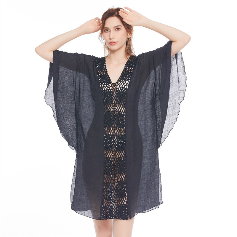 海滩泳衣罩衫f钩花拼接外搭沙滩遮挡裙镂空时尚宽松比基尼罩衫