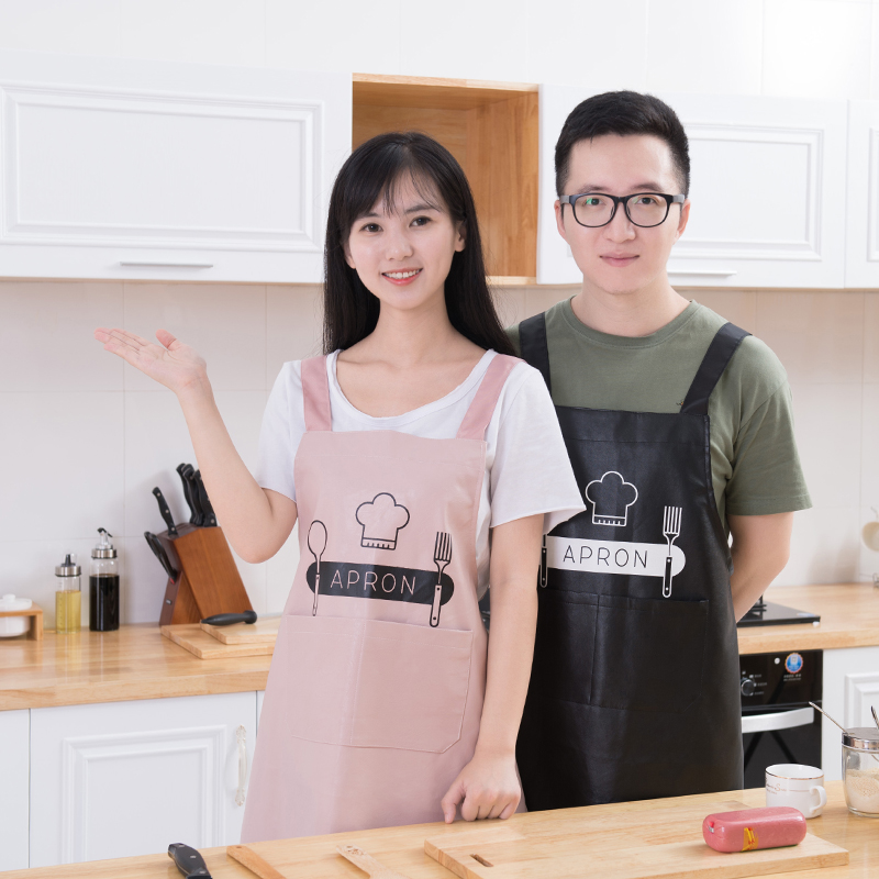 皮革围裙女可爱日系家用厨u房防水防油围腰工作服大人男罩衣可印