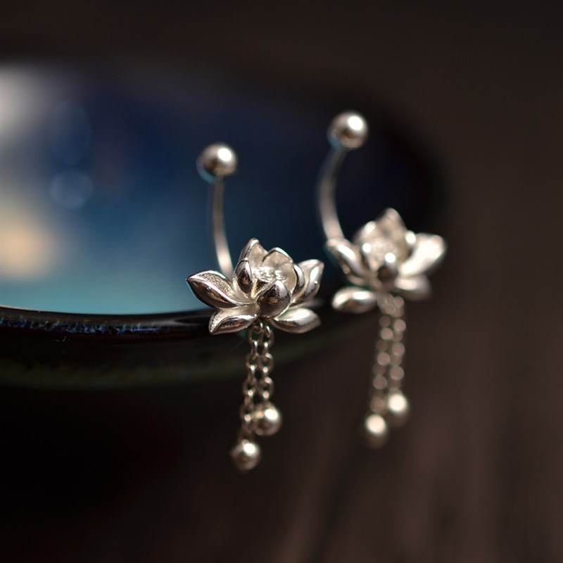 990足银立体流苏文艺古风银螺旋耳钉银饰V养耳耳饰配礼盒