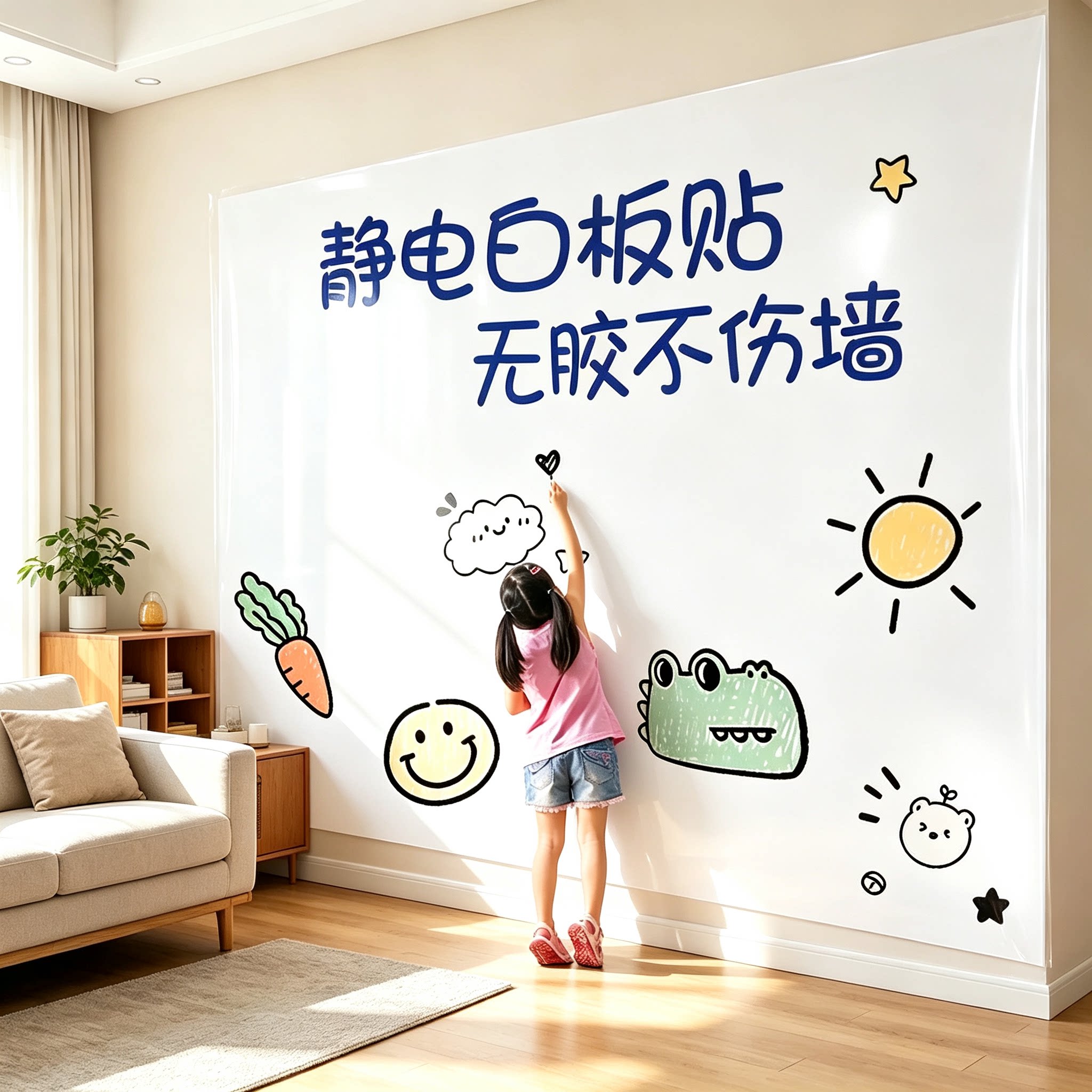 白板墙贴静电吸附不伤墙可移除办公室写字板教学可擦儿童涂鸦画画