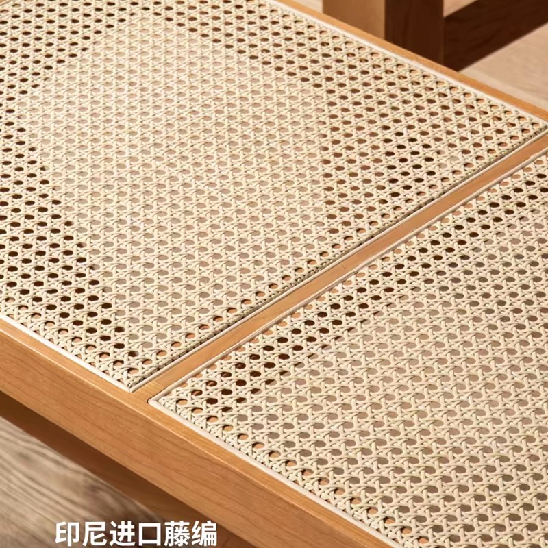 藤编樱桃木实木长凳中古卧室床尾凳民宿家用客厅实木藤编长条凳