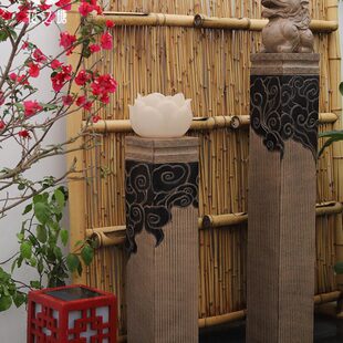 花之塘中式庭院花园造景布置貔貅仿古拴马桩户外花园别墅门口摆件