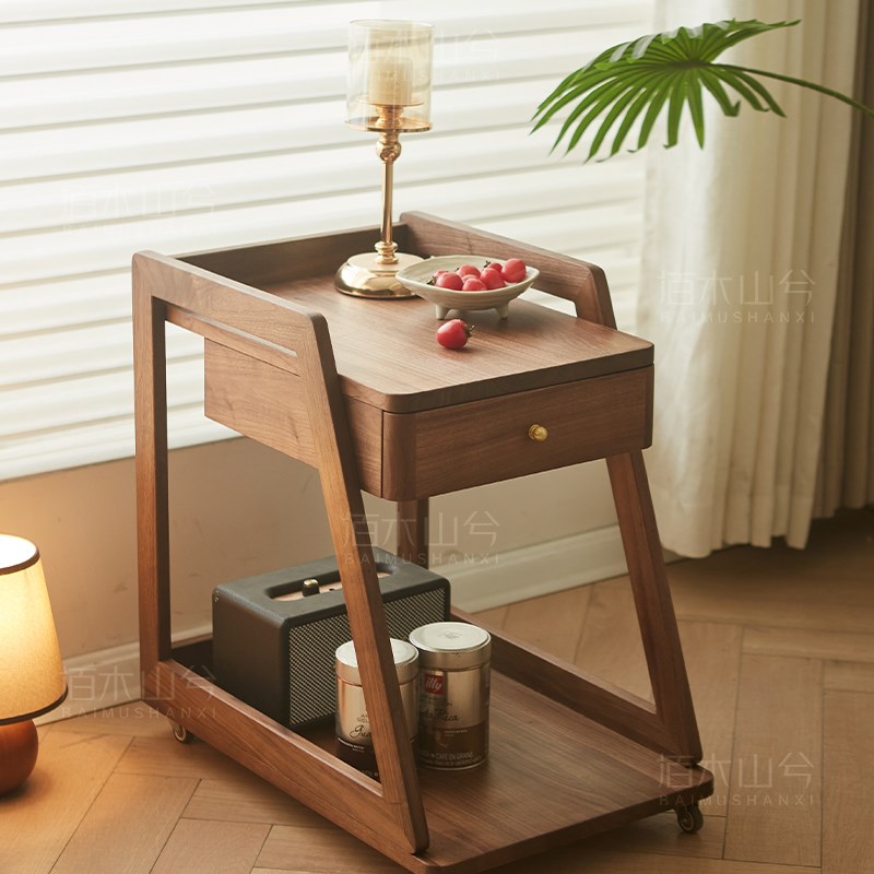 实木边几可移动带轮沙发床边柜家用客厅卧室零食置物架小茶几角几