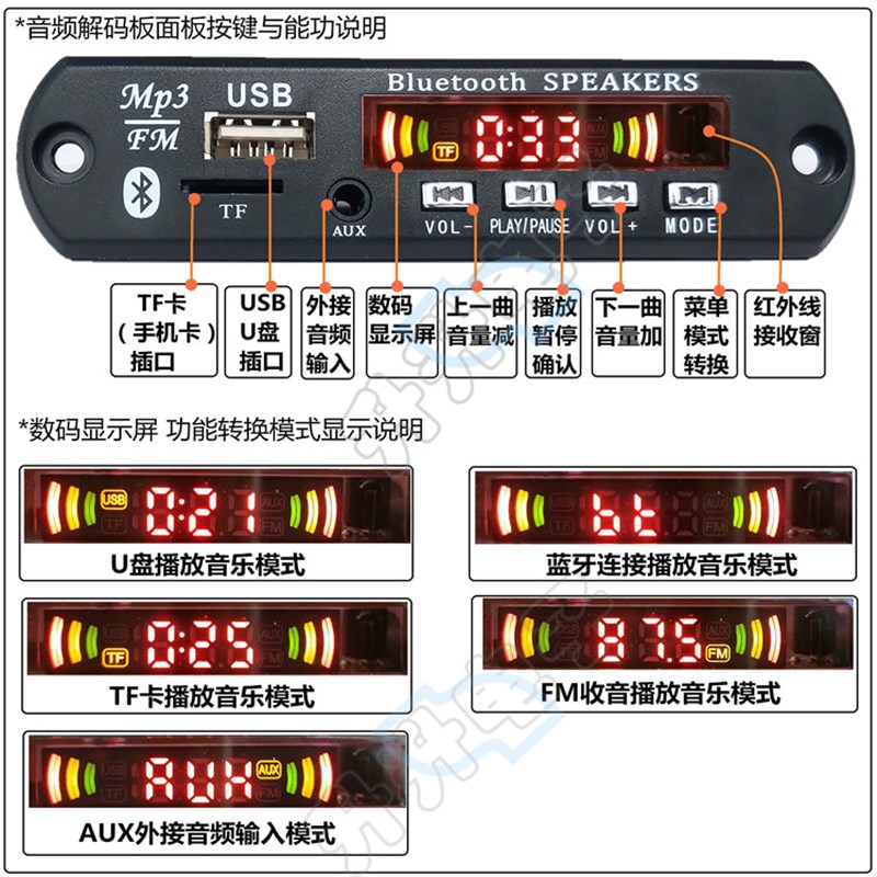 蓝牙5.0无损APE FLAC WAV解码板MP3模块FM收音 2*15W功放播放器板