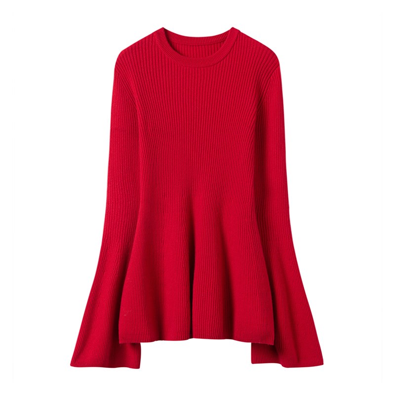 敲多色古典式优雅100%山羊绒衫喇叭袖坑条沙漏型修身针织上衣