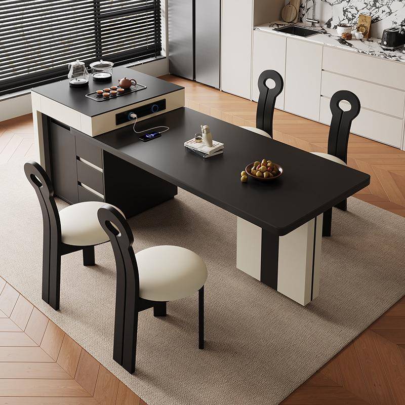 轻奢高端复古餐桌椅一体组合可伸缩岩板餐桌茶桌中古风家用