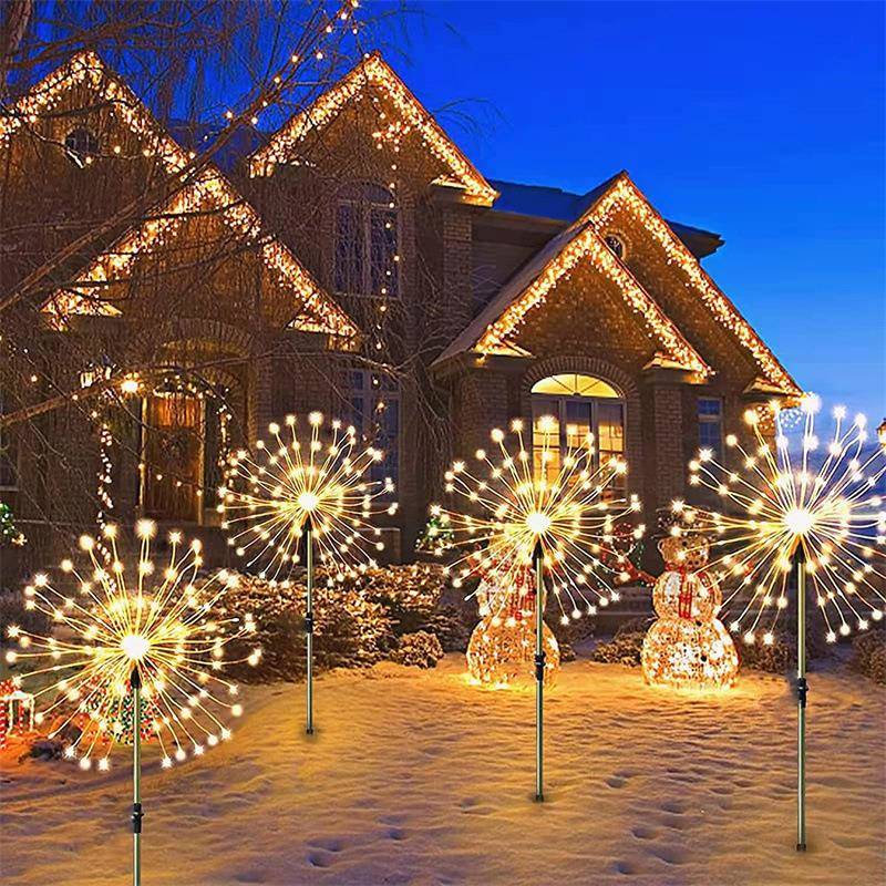 地插烟花灯一拖四蒲公英灯庭院圣诞节日装饰LED太阳能灯串铜线灯