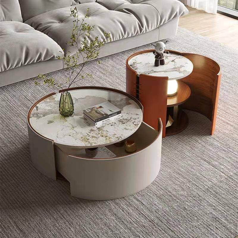 意式岩板茶几现代简约客厅轻奢小户型创意马鞍皮储物圆形茶几组合