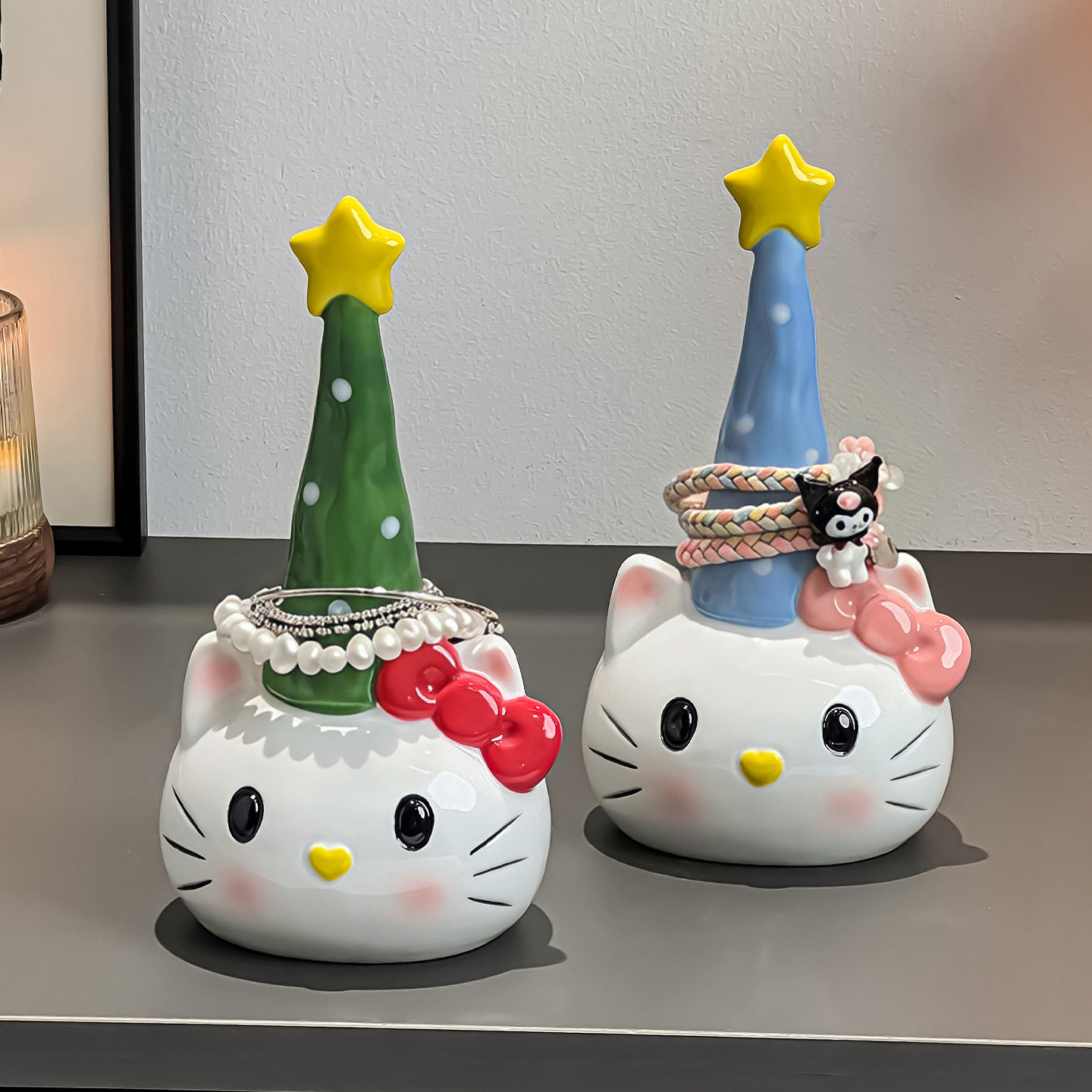 可爱Kitty猫陶瓷发圈收纳神器卫生间浴室首饰挂架装饰品玄关摆件