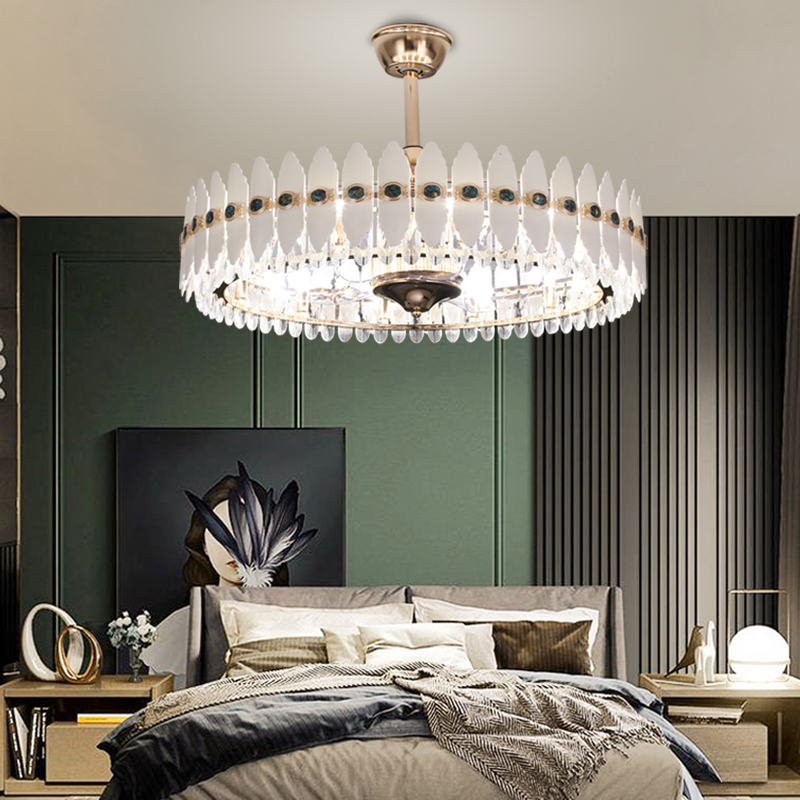 贝壳新款轻奢水晶风扇吊灯客厅餐厅智能语音控制遥控器变频铜电机