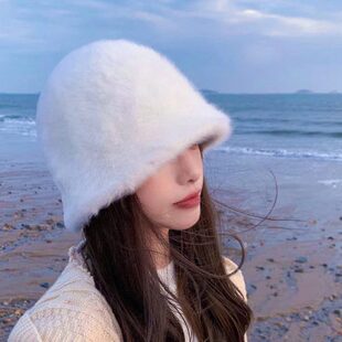 帽子女保暖遮脸显脸小水桶帽洋气盆帽 冬季 百搭兔毛渔夫帽韩版 新款
