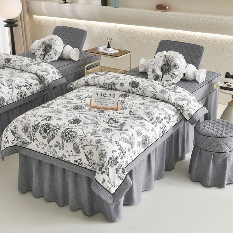 新款轻奢美容g床罩四件套棉麻 简约理疗推拿洗头足疗专用床罩订做