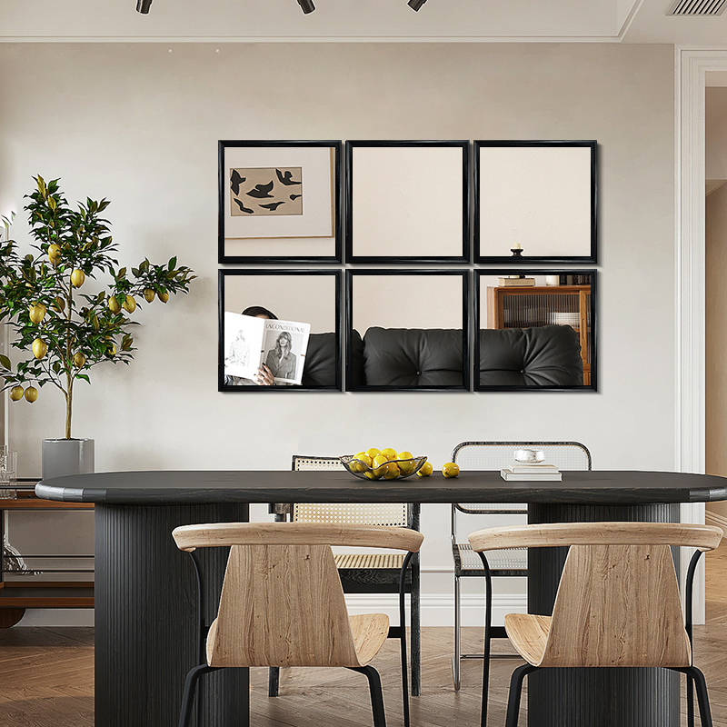 网红尼瑟达镜子实木方形格子镜餐边D拼接镜子沙发背景墙组合装饰