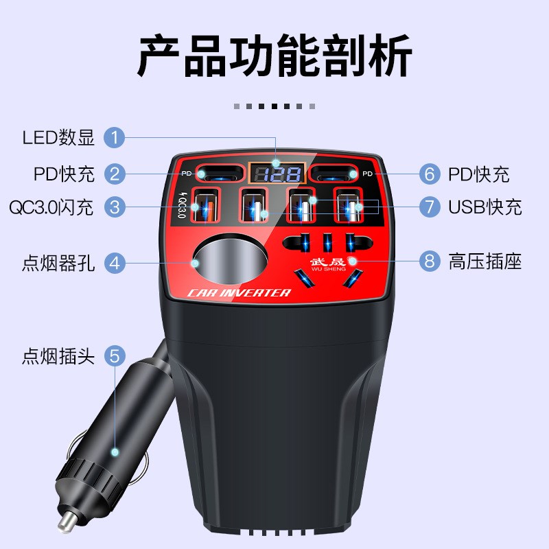 汽车货车用1f2V24V转220V多功能车载逆变器大功率转换器充电器通