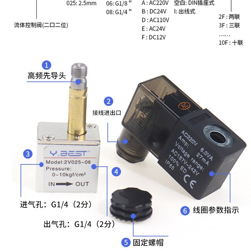气动组合式单电控开关通断式多路电磁阀组2V025-0806含汇流板阀岛