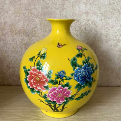 景德镇陶瓷器黄色插花小花瓶花开富贵牡丹石榴瓶居家摆件客厅摆设