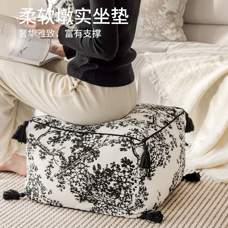 法式黑白杨梅树坐墩中式水墨提花矮凳蒲团懒人沙发客厅地毯坐垫