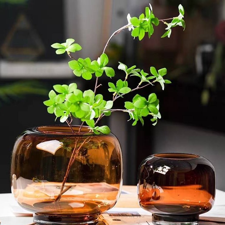 现代简约轻奢原色花瓶透明圆形大口径水养鲜花插花玻璃鱼缸养小鱼图片