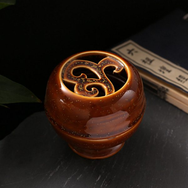 家用室内茶道檀香炉盘香炉陶瓷金酱釉祥云香薰炉日式香道摆件香器