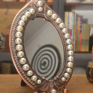 欧式单面镜红铜色梳妆镜子西洋镜高档珍珠化妆镜椭圆镜台镜花边镜