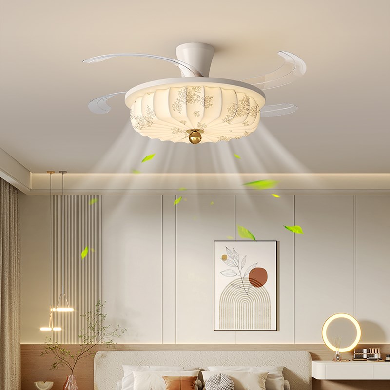 卧室风扇灯吸顶灯中古风复古宋代美F学印花布艺隐形静音餐厅吊扇