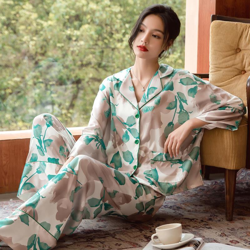 冰丝睡衣女春夏秋款七分袖宽松真丝绸缎印花女士睡衣家居服加大码
