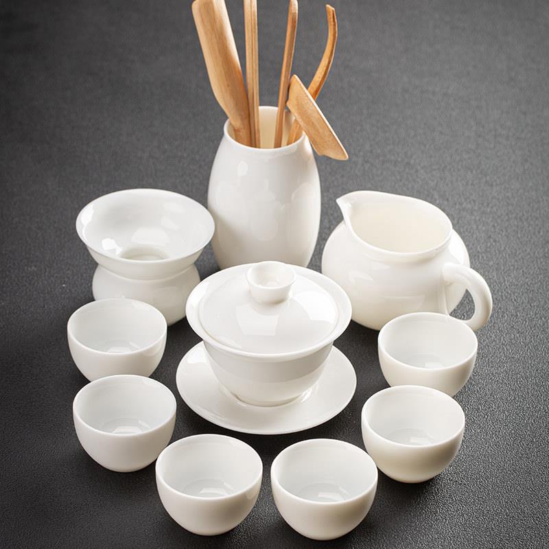 功夫茶具套装高档羊脂玉陶瓷盖碗茶杯客厅家用小型国风复古中式