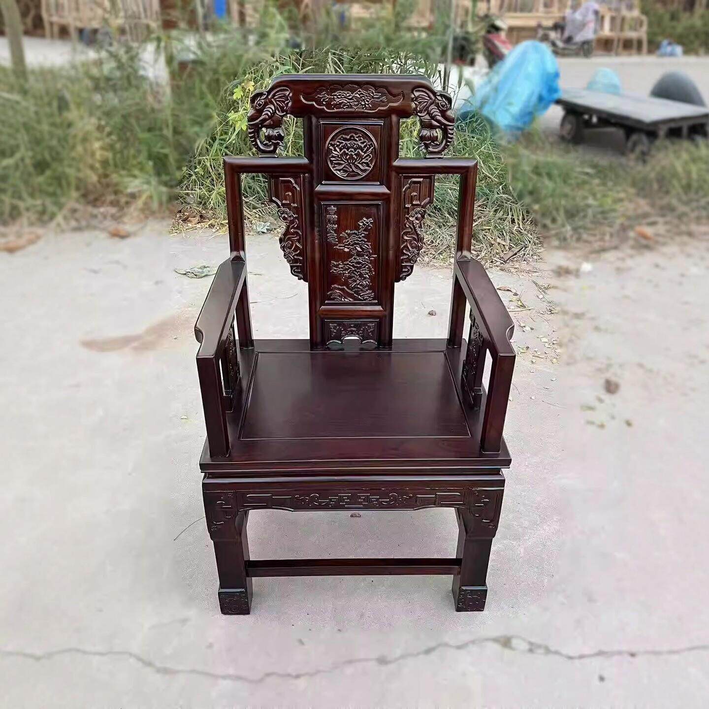 中式实木椅子太师椅北方老榆木仿古象头扶手椅圈椅家用茶椅主人椅