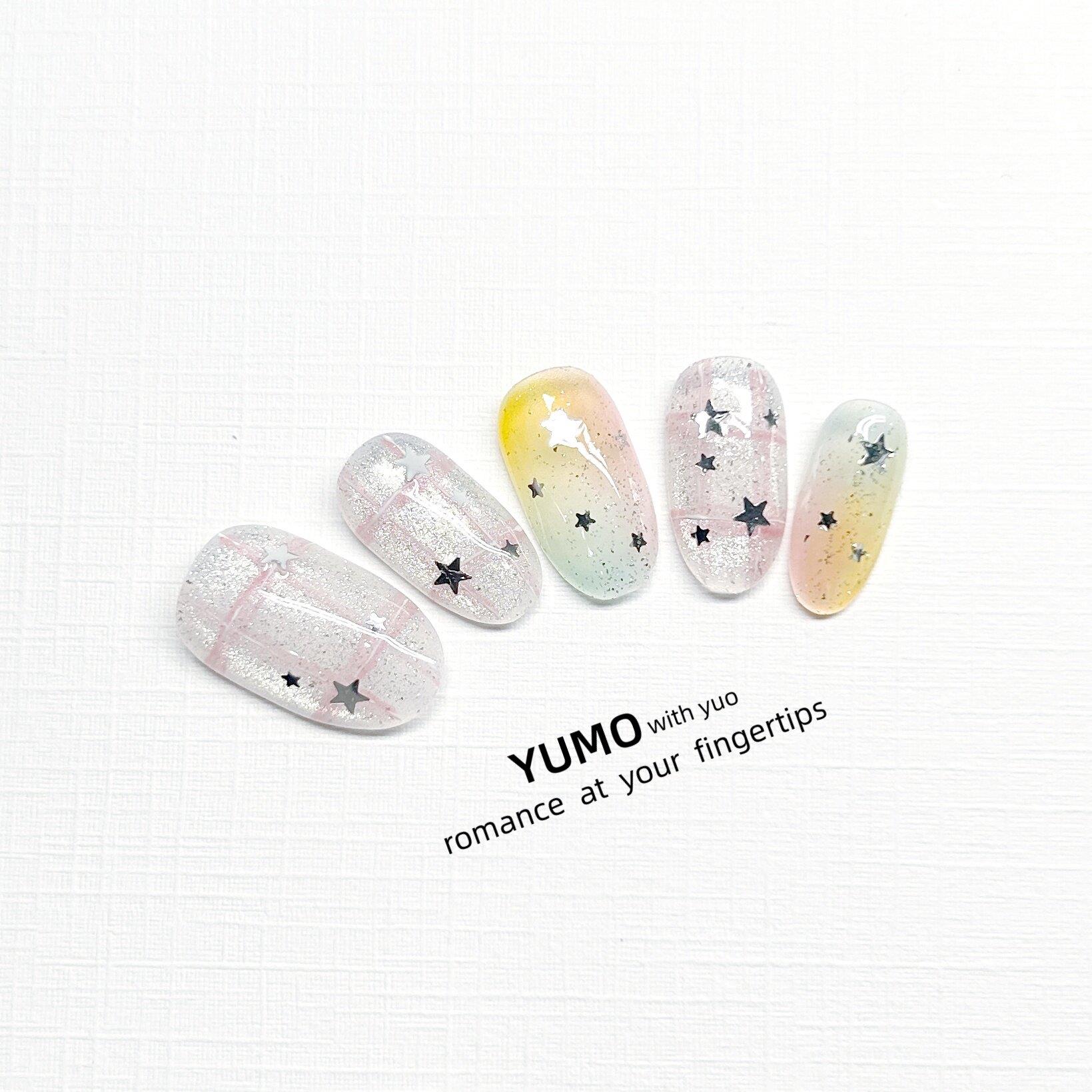 YUMO穿戴甲手工短款美甲贴片星星格纹渐变色闪粉彩色个性少女可爱