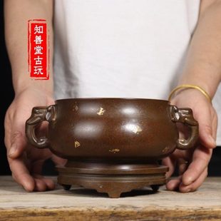 苏工纯铜点金象耳底座套炉 耳彝炉宣德套炉香薰炉铜炉家用工艺品