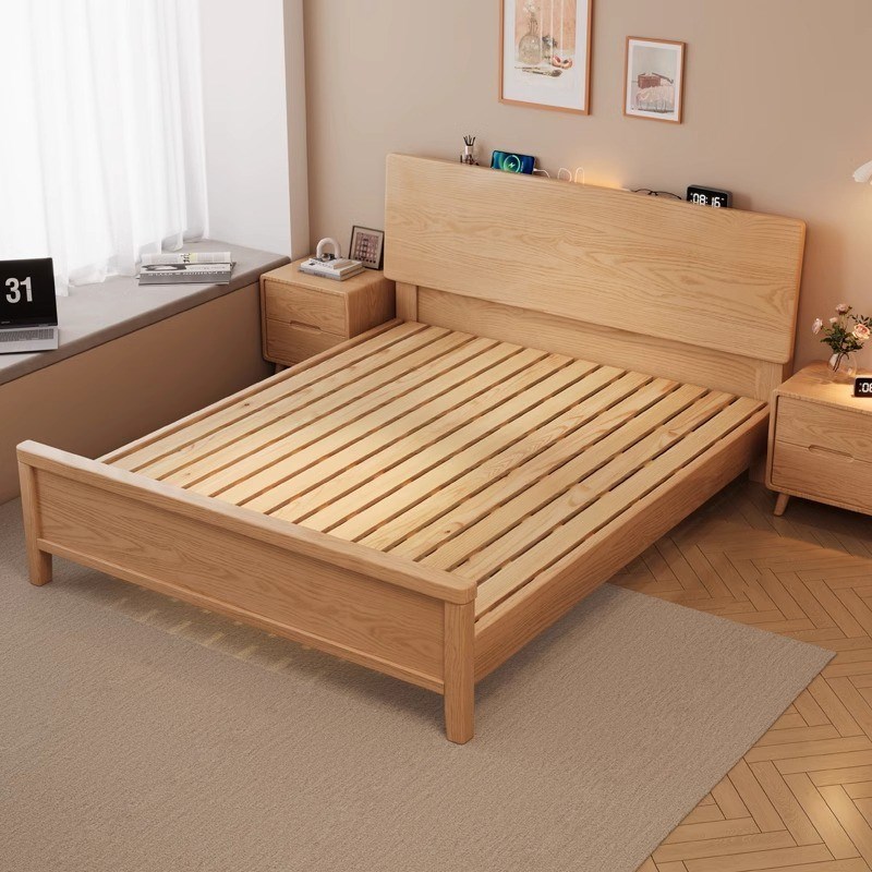 原木风实木双人床1米5大床架现代简约北欧日式1米35主Z卧室木床铺