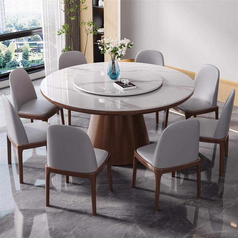 实木岩板圆桌现代简约家用吃饭桌子带转盘轻奢圆形餐桌.十人大圆