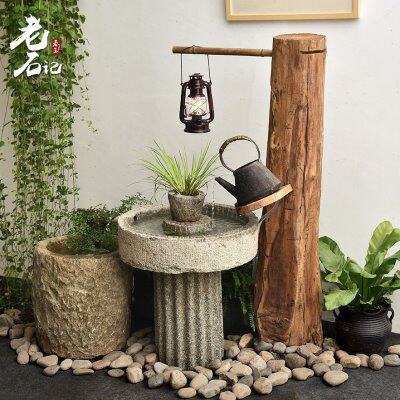 石器流水木架室内景观阳台水景庭院布景石槽组合鱼缸水池石磨摆件