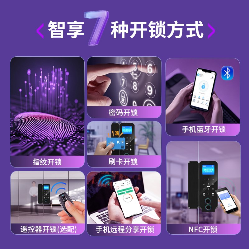 玻璃门指纹锁双开门单门双门免开孔办公室智能电子密码门锁包安装