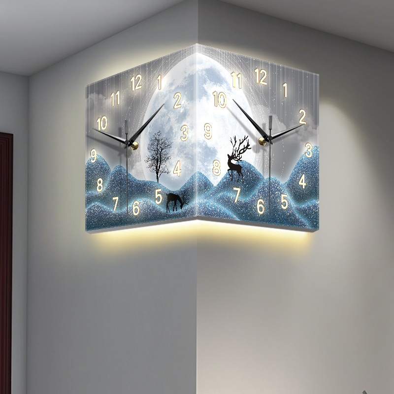 现代轻奢钟表挂钟客厅2023新款网红创意双面转角时U钟壁灯挂墙静