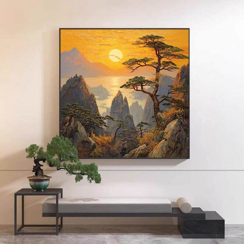 旭日东升玄关正方形挂画新中式山水风景客厅饭厅背景迎客松装饰画