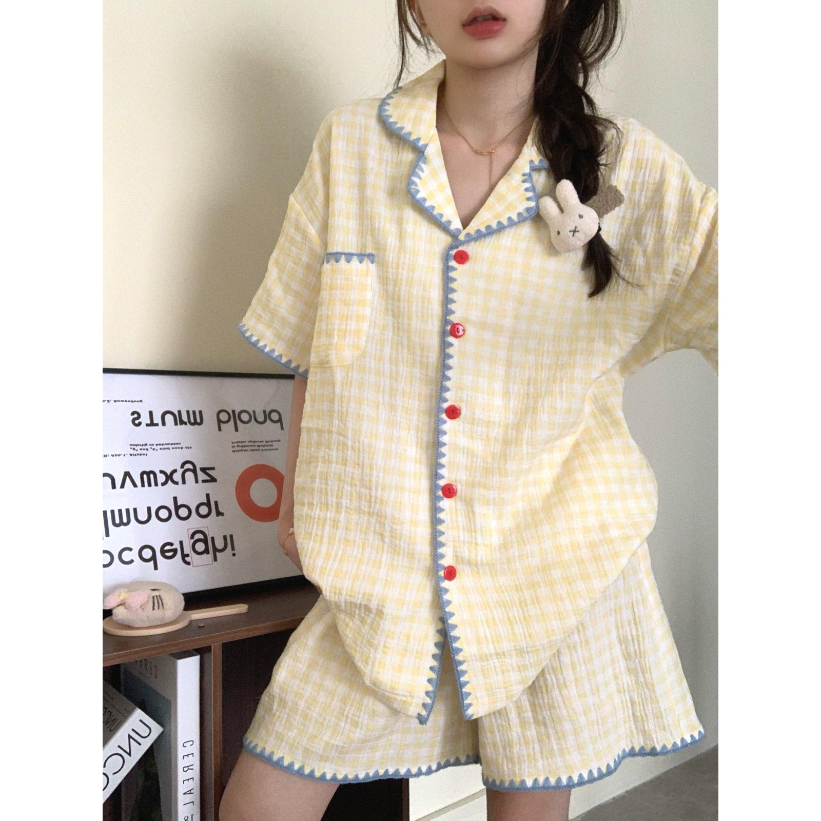夏季可爱撞色格子棉纱睡衣女款夏2026新款短袖套装双层纱布家居服