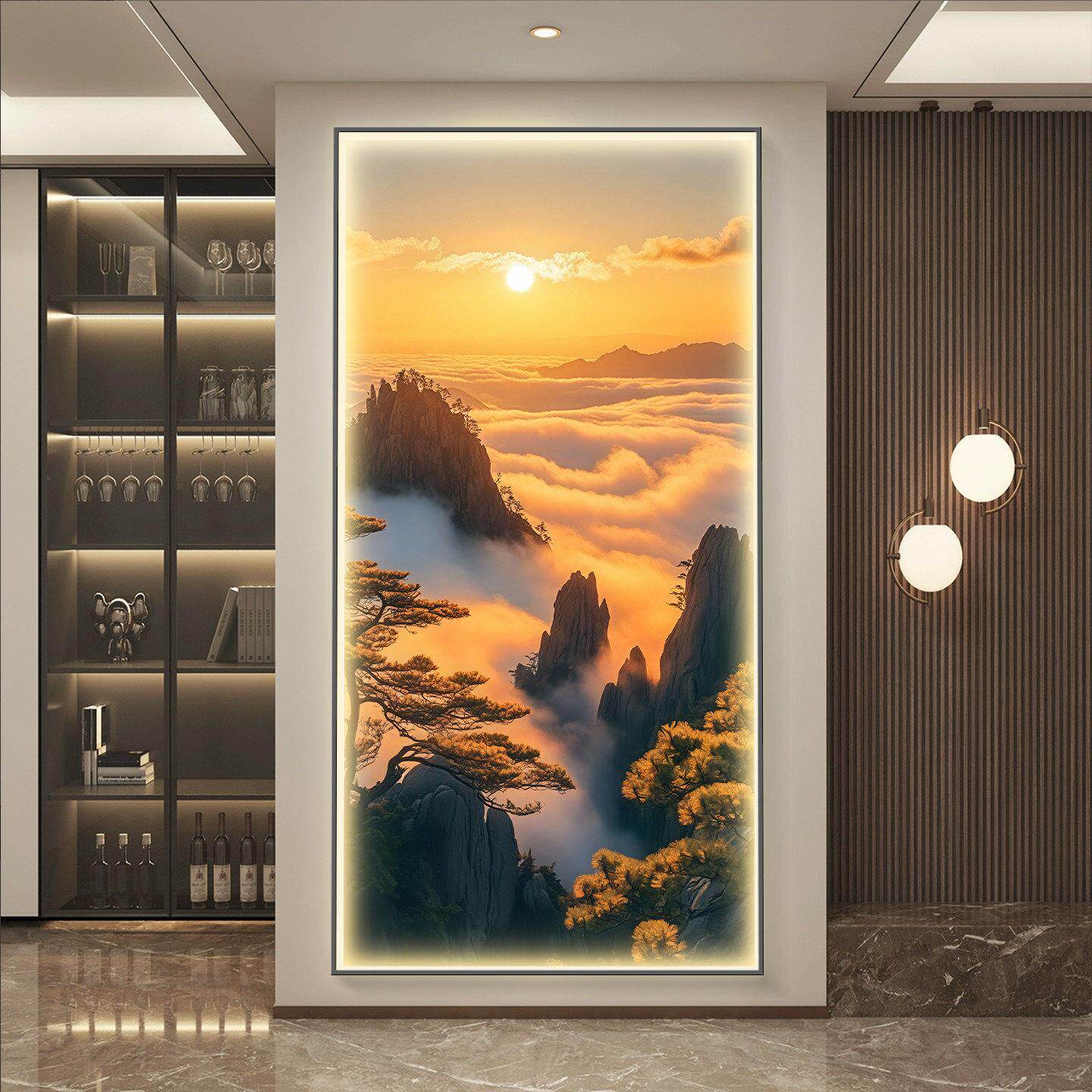 旭日东升玄关装饰画LED灯发光风景山水挂画日出东方客厅过道壁画