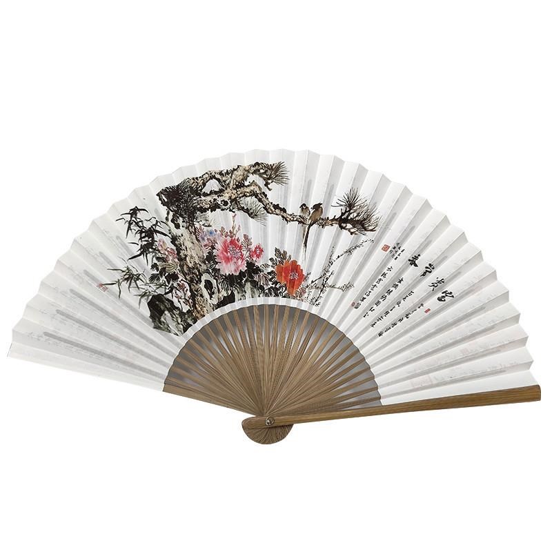 扇8寸30方油竹扇p骨纸扇牡丹梅花画京剧舞蹈练习道具扇