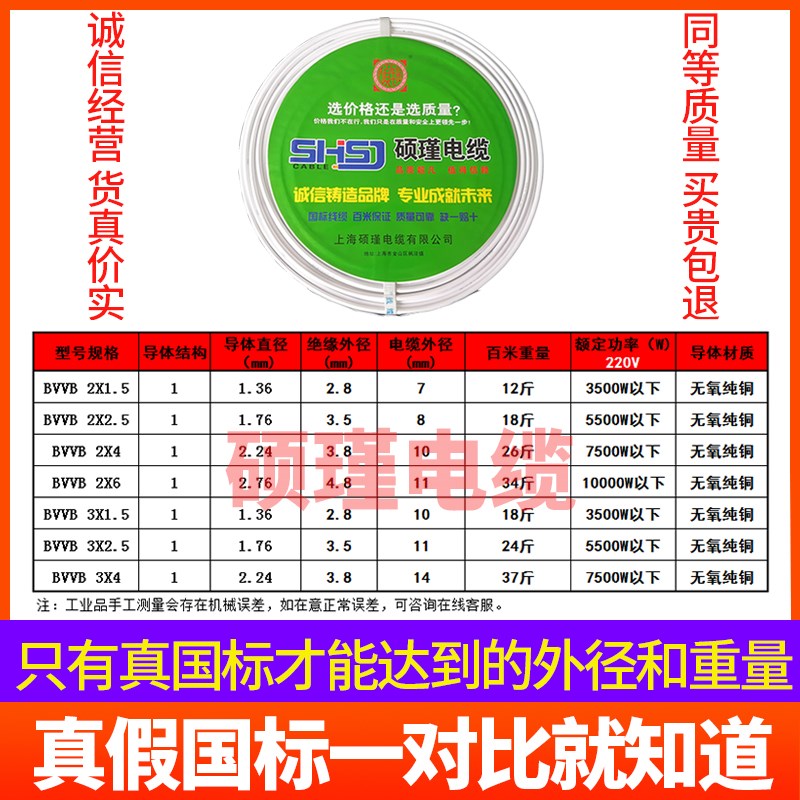 国标纯铜两2/3芯白色护套硬线2.5/4/6平方电R线家用三相电源线VV