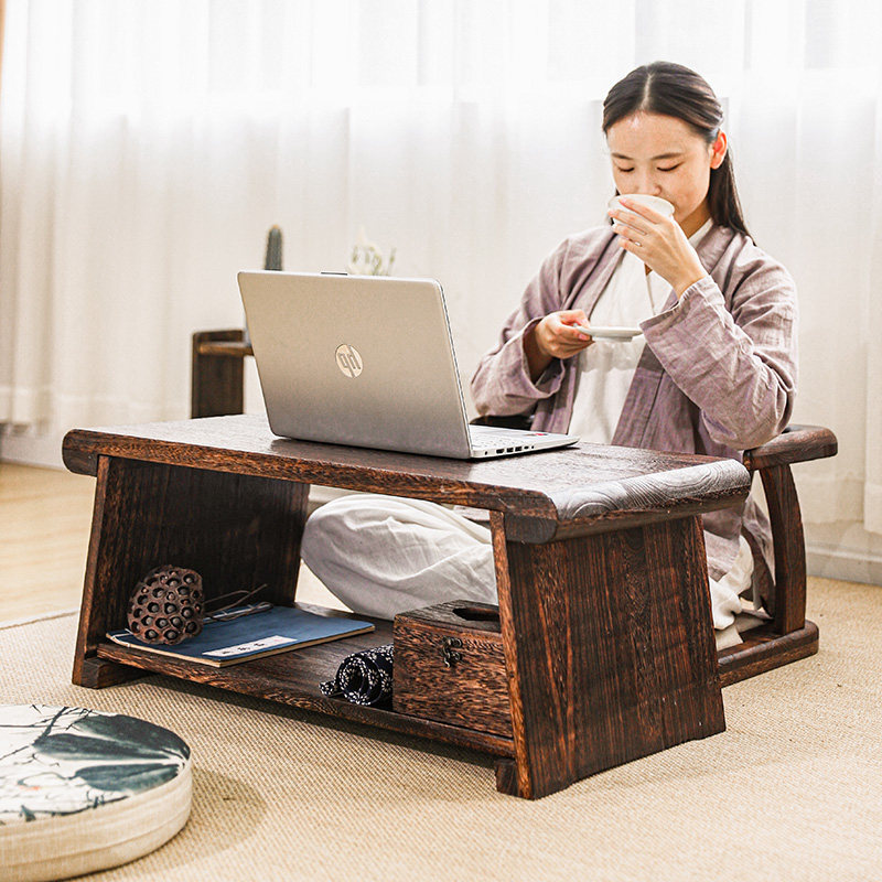 实木中式茶桌飘窗小茶台家用榻榻米D茶几可折叠插板桌阳台移动矮