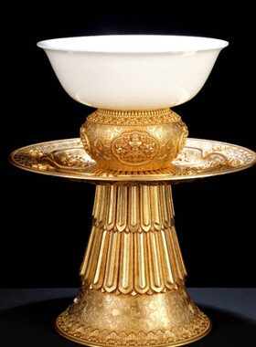慧宝黄铜供盘高脚贡碗敬茶羊脂玉瓷宝瓶底托供斋果盘供水杯摆件