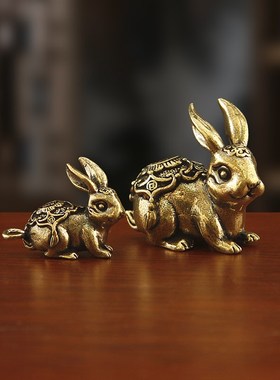 纯黄铜福兔生肖h摆件工艺品复古创意黄铜手把件家居办公室桌面装