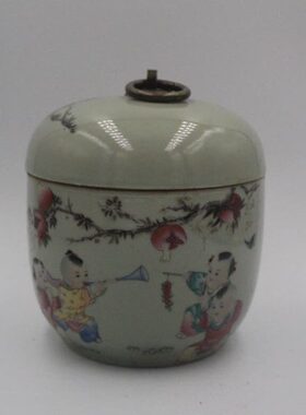 收藏品正图粉古董瓷器盖清雍罐摆件仿古彩古玩书房人物茶叶 婴戏