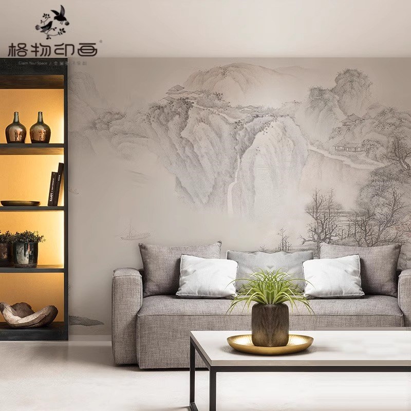 现代中式意境水墨山水客厅电视背景墙纸壁布书P房卧室环保定制壁