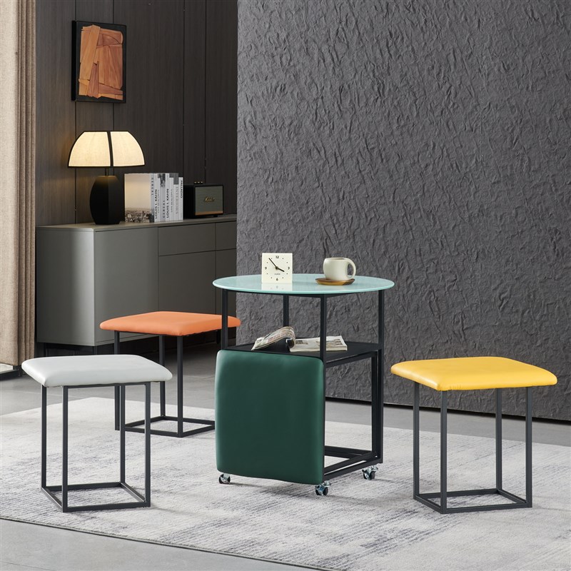 餐桌家用小户型钢化玻璃圆形休闲茶几凳子洽谈桌椅组合阳台小茶桌