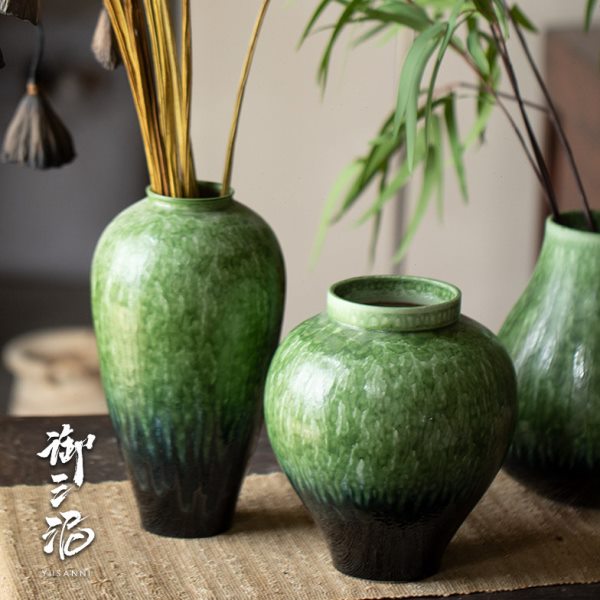御三泥高级感瓶可水培客厅插花摆件装饰复古罐子陶瓷花瓶苏打绿色