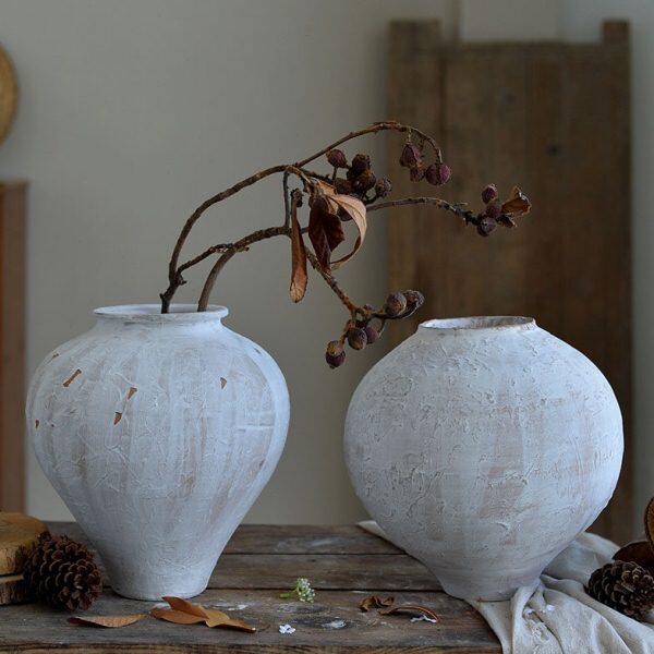 复古侘寂风陶瓷大肚花瓶简约月亮罐桌面艺术装饰摆件白色落地插花