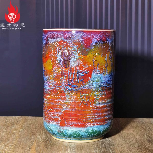 河南神后钧瓷花瓶工艺品摆件中式复古陶瓷插花器钧窑变玄纹钵画筒