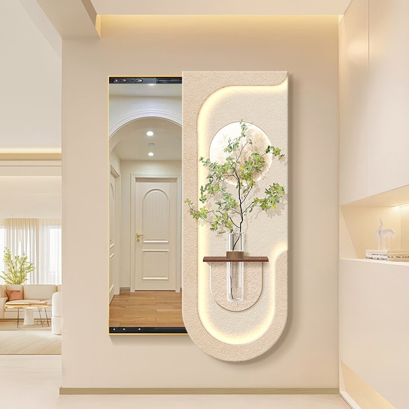 绿植奶油风玄关i推拉全身镜壁挂式镜子画试衣镜隐藏式隐形穿衣镜